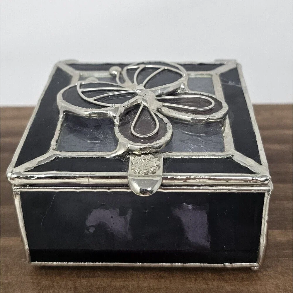 Butterfly Stained Glass Trinket Box Mirror Base Chain Hinged Lid Multicolor 3x3